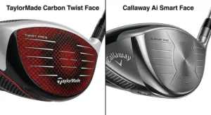 Close-up illustration comparing TaylorMade’s carbon face technology with Callaway’s Ai-designed clubface for forgiveness.