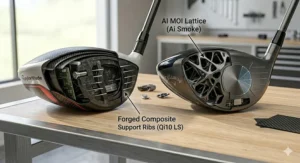 Illustration of MOI stability and head shape differences between TaylorMade Qi10 and Callaway Paradym Ai Smoke.