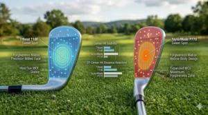 An illustration comparing the sweet spot and forgiveness levels of Titleist T-Series versus TaylorMade Stealth irons.