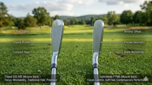 Close-up profile of Titleist 620 MB and TaylorMade P7MB irons showing the thin topline preferred by low-handicap golfers.