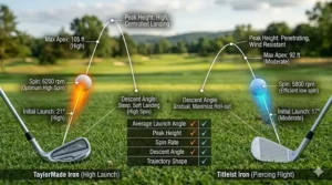 Infographic comparing the high-launch trajectory of TaylorMade irons versus the piercing flight of Titleist irons.
