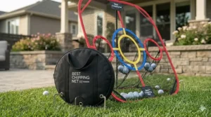 An illustration showing different angles and heights of targets on a versatile chipping net.