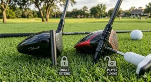 A golf club adjustment kit with loose weights and an adjustment wrench layout detailing the complex settings that complicate a driver setup.