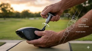 Illustration showing how to use a torque wrench tool to adjust a golf driver loft setting at the hosel.