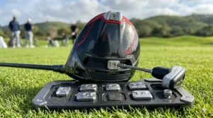 A golfer using a torque wrench tool to unscrew and swap custom screw ports on a driver with interchangeable weights.