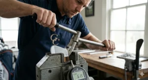 A photorealistic, highly detailed 4K close-up photograph capturing a skilled club fitter using a dynamic bending machine to adjust the lie angle of a premium forged carbon steel iron in a custom fitting studio with natural daylight.