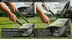 An instructional graphic explaining the structural integrity and long-term durability benefits of a permanently bonded fixed hosel driver.