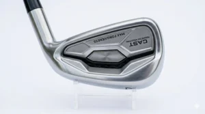 A photorealistic close-up of a brushed stainless steel cast golf iron, showing the intricate internal structure of the deep cavity back and perimeter weighting for increased forgiveness.