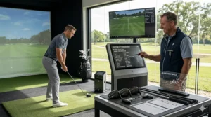 Conceptual illustration of a golfer getting a custom club fitting using an adjustable loft driver and a launch monitor.