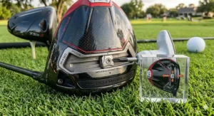 An internal cross section graphic showing how fixed driver clubs place discretionary weight lower and deeper in the clubhead to maximize forgiveness.