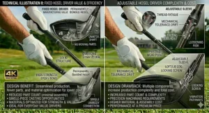 A clean chart comparing the manufacturing simplicity and cost-effective pricing benefits of fixed hosel drivers for everyday golfers.