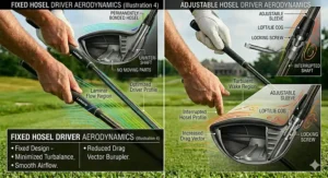 A graphic rendering of smooth aerodynamic airflow around a streamlined fixed hosel golf driver during a high-speed downswing.