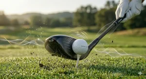 A photorealistic illustration visualizing the solid sound and pure feel of a fixed hosel driver impacting a golf ball, indicated by golden ripple effects.