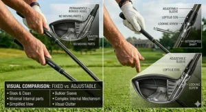 A side-by-side visual comparison of a clean fixed hosel connection versus a bulky adjustable loft mechanism on a golf club shaft.