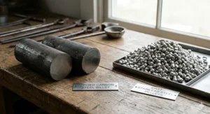 A detailed, photorealistic photograph on a rustic oak workbench showing dense, solid raw 1025 carbon steel billets for forging contrasting against a pile of irregular, duller silver-colored cast stainless steel pellets, illuminated by natural daylight.