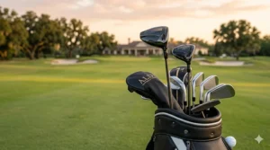 Minimalist illustration of a modern golf bag containing a driver with an adjustable loft hosel on a clean background.