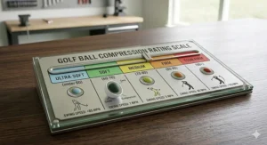 A detailed chart showing golf ball compression ratings from low (under 70) to high (over 100).