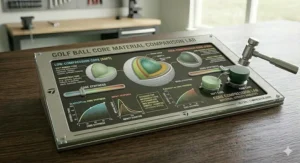 Breakdown of different rubber and synthetic materials used in low vs. high compression golf ball construction.