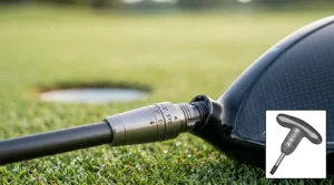 Close-up technical illustration of a golf driver adjustable hosel mechanism with degree settings and alignment marks.