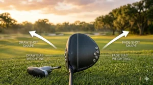 Graphic illustration of adjustable loft driver sole weights configured for draw bias and fade bias shot shapes.