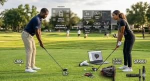 A golfer hitting off a tee using a fixed driver designed with a clean aerodynamic profile to maximize clubhead speeds.
