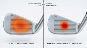 A photorealistic side-by-side graphical illustration comparing the large, diffuse sweet spot of a cast cavity back iron and the concentrated, smaller sweet spot of a forged blade iron, indicated by colorful heatmap overlays (Red, Orange, Blue) on the club faces.