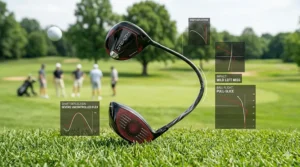 Diagram showing how a golf shaft that is too flexible causes high, spinning shots that miss to the left.