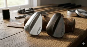 A technical illustration showing how to choose a golf wedge based on loft and sole bounce angles.