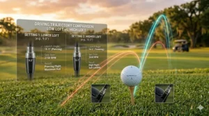 Illustration comparing a higher loft vs lower loft golf driver trajectory and launch angle side by side.