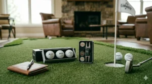 A portable indoor putting green mat, ideal for golf gifts under 50 dollars to practice at home.