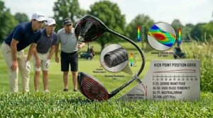 A golfer using a launch monitor to analyze ball speed and spin rates while testing different shaft flexes.