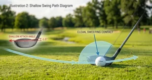 Diagram showing a shallow swing path for 3 wood off the deck shots.