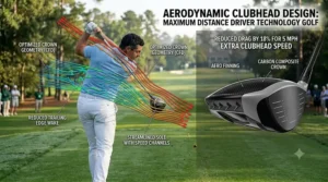 Diagram showing aerodynamic clubhead airflow for maximum distance.