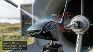 Graphic illustrating airflow over an aerodynamic low spin driver head to maximize clubhead speed during windy rounds.