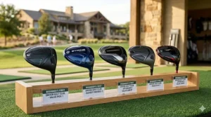 A side-by-side lineup of top-rated, value-driven golf drivers on a display rack, showcasing affordable