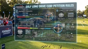 Technical diagram highlighting features of a specialized driver for long drive golf.
