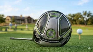 A detailed close-up shot of a modern, oversized driver golf club head designed for beginners, highlighting the massive sweet spot and perimeter weighting for maximum forgiveness.