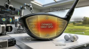 Close-up technical illustration mapping the expanded sweet spot on a beginner driver face to reduce mishits.