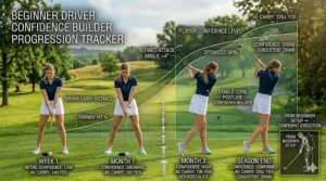Infographic illustration tracking a beginner's consistent distance gains and growing confidence using an optimized game-improvement driver.