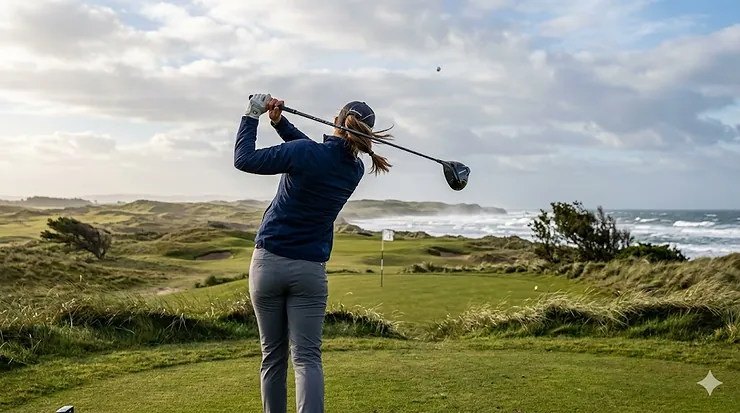 A golfer teeing off with a low spin driver on a windy golf course coastline, showcasing a penetrating ball flight. low spin driver for windy conditions