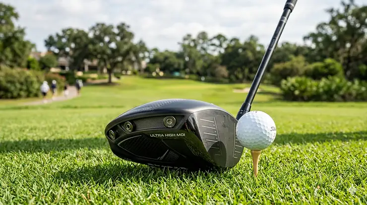 Premium golf club showing an ultra high MOI driver head on a tee with natural lighting.