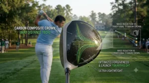 View of lightweight carbon composite crown used in modern golf drivers.