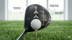Lightweight carbon composite crown construction on a modern ultra high MOI driver head.