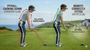 Illustration comparing the negative effects of choking down on a long club versus using a custom women's driver for petite height.