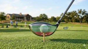 A crisp close-up showing a golf ball resting on a wooden tee next to a large driver, illustrating the ideal height where half of the ball sits above the top edge of the clubface.