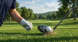 Side view diagram of a golf club head detailing how deep center of gravity supports a high MOI driver during off-center hits.