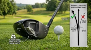 Vector illustration of a driver's internal heel weighting, designed to correct a beginner's slice and straighten ball flight.