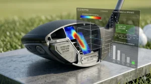 Center of gravity engineering chart explaining how an ultra low spin driver head reduces backspin by positioning weight low and forward.