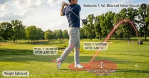 A full, balanced follow-through on a 3 wood off the deck shot.