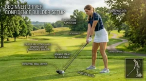 Minimalist illustration of a golfer's stance at address, highlighting proper shoulder tilt for a confident upward driver strike.